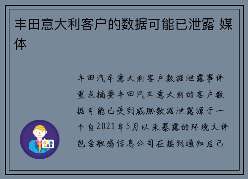 丰田意大利客户的数据可能已泄露 媒体